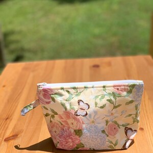 Floral Makeup Pouch with Butterflies,  Soft Yellow Cosmetic Bag with Peach, Pink,  Blue Flowers, Fully Lined, One of a Kind, Gift for her
