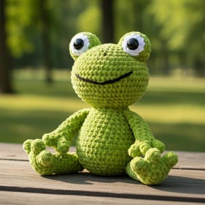 Peut inclure: Une poupée grenouille verte au crochet, avec de grands yeux bordés de blanc et une bouche noire souriante. La grenouille est assise, les bras et les jambes tendus. La poupée est faite de fil texturé. Un jouet fait main fantaisiste.