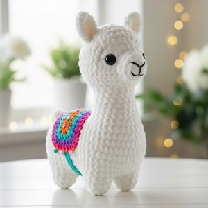 Puede incluir: Una llama blanca de ganchillo con una manta colorida. La llama tiene ojos negros y una sonrisa cosida en negro. La manta presenta un patrón de arcoíris con tonos de rosa, naranja, azul y verde. La llama está sobre una superficie blanca.