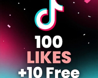 Könnte beinhalten: Eine digitale Grafik mit dem weißen TikTok-Logo vor einem dunklen Hintergrund mit rosa und türkisfarbenen Verläufen. Der Text lautet 100 LIKES in fetten weißen und rosa Buchstaben, gefolgt von +10 Free in weißer Schrift mit rosa Konfetti.