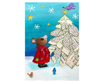 May include: A watercolor painting of a mouse in a red coat looking up at a Christmas tree made of paper scraps. The tree is decorated with a star and a blue bird. The background is a light blue sky with white snowflakes.