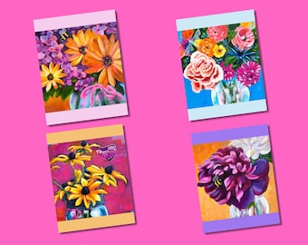 Floral Notecard set of 4, Flower Art Cards from Original Paintings, Blank Greeting Cards, Colorful Garden Stationery