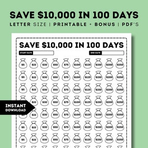 Desafío de ahorro de 10 000 en 100 días, desafío de ahorro de 10 000 para imprimir, tabla de ahorro de 100 sobres, plan en formato PDF tamaño carta