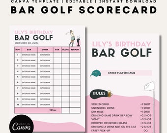 Bar Golf Crawl Scorecard | Editable Canva Templates | Printable Bar Golf | Bachelor | Birthday Party Games | Customizable Pink Template