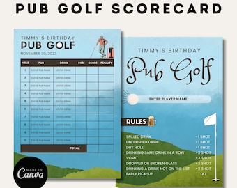 Pub Golf Crawl Scorecard | Editable Canva Template | Printable Pub Golf Scorecard | Bachelor | Birthday Party Games | Customizable Templates