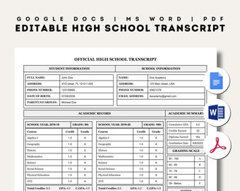 High School Transcript Template | Editable | Fillable | Printable | Google Docs | Word | PDF | Letter Size | Home School Record Keeping