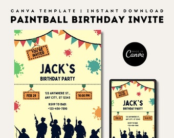 Paintball Birthday Invitation | Editable Canva Templates | Printable Paint ball Party Invite | DIY Paint Party Invitations template