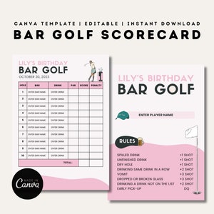 Tarjeta de puntuación de rastreo de golf de bar / Plantillas Canva editables / Golf de barra imprimible / Solteros / Juegos de fiesta de cumpleaños / Plantilla rosa personalizable