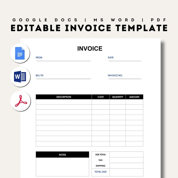 Editable Blank Invoice Template, Google Docs, Word, PDF, Printable Invoice Template, A4, Professional Business Invoice, Customizable Invoice