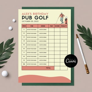 Tarjeta de puntuación editable para jugar al golf en un bar / Plantilla de Canva en blanco / Tarjetas de puntuación para jugar al golf en un bar imprimible