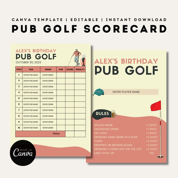 Pub Golf Crawl Scorecard | Editable Canva Template | Printable Bar Golf Scorecard | Bachelor | Birthday Party Games | Customizable Templates