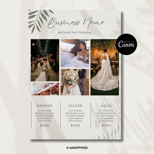 Wedding Photographer Price Guide | Canva Template | Weddings Photoshoot Package Pricing List | Photography Business Template