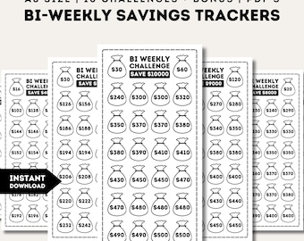 Op de afbeelding: Een set printbare tweewekelijkse spaar trackers met zwart-wit illustraties van geldzakken. De trackers zijn ontworpen om je te helpen geld te sparen in de loop van de tijd. De trackers bevatten uitdagingen om € 10.000, € 9.000 en € 8.000 te sparen.