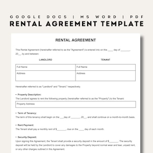 May include: A black and white printable rental agreement template. The document includes sections for landlord and tenant information, property description, term of tenancy, rent payment, and security deposit.