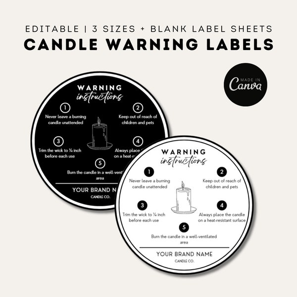 Candle Warning Labels | Editable Canva Templates | Printable Round Warning Instructions | Candles Safety Label