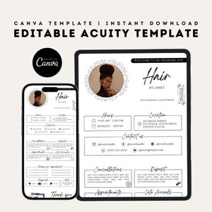 May include: A digital template for a hair salon booking website. The template features a black and white illustration of a woman with a bun, the text "Hair by Janet", and sections for hours, location, contact information, cancellations, deposits, appointments, and late arrivals.