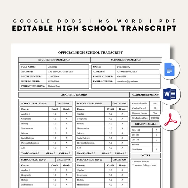 Plantilla de expediente académico de la escuela secundaria / Editable / Rellenable / Imprimible / Google Docs / Word / PDF / Tamaño carta / Mantenimiento de registros escolares en casa