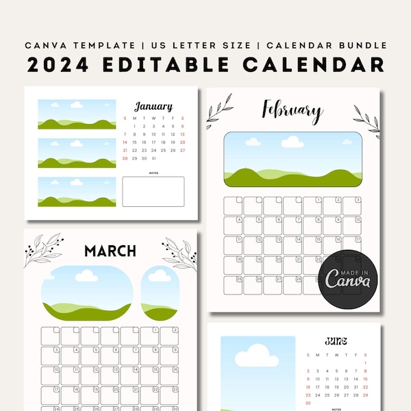 2024 Editable Photo Calendar | Canva Template | Customizable Calendars Bundle | Printable Personalized Canva Frame Templates | Letter Size