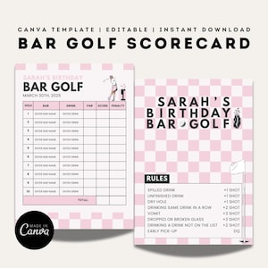 Tarjeta de puntuación del Bar Golf Crawl / Plantillas de Canva editables / Bar Golf imprimible / Juegos para fiestas de cumpleaños / Tarjetas de puntuación personalizadas para despedidas de soltera