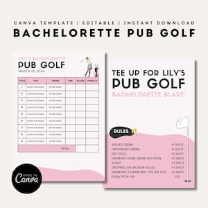 Plantilla de tarjeta de puntuación de golf en pub / Invitaciones de despedida de soltera / Plantillas de Canva editables / Tarjeta de puntuación de golf en pub rosa / Invitación a fiesta imprimible