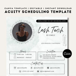 May include: A Canva template for an Acuity Scheduling booking site for a lash technician. The template features a photo of a woman with a neutral expression wearing sunglasses and a black tank top. The text "Lash Tech by Emily" is in a handwritten font. The template also includes information about the lash technician's hours, location, and contact information.