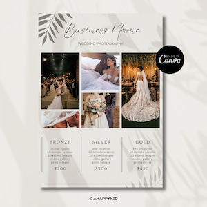 Guia de preços para fotógrafos de casamento | Modelo Canva | Lista de preços do pacote de sessão de fotos de casamentos | Modelo de negócio fotográfico