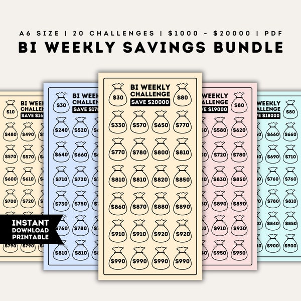 Bi Weekly Savings Challenge | Printable 26 Week Saving Challenge Bundle | Save 1K-20k in 26 Weeks | A6 Sized PDF | Money Savings Plan Chart