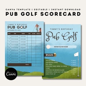 Tarjeta de puntuación para el Pub Golf Crawl / Plantilla de Canva editable / Tarjeta de puntuación para el Pub Golf para imprimir / Juegos para fiestas de cumpleaños / Despedidas de soltero / Plantillas personalizables