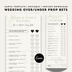 Hochzeit Prop Bets | Over Under Hochzeitsspiel | Bearbeitbare Canva Vorlage | Cocktail Hour Spiele Wettscheine | Druckbare Wettkarten für Gäste