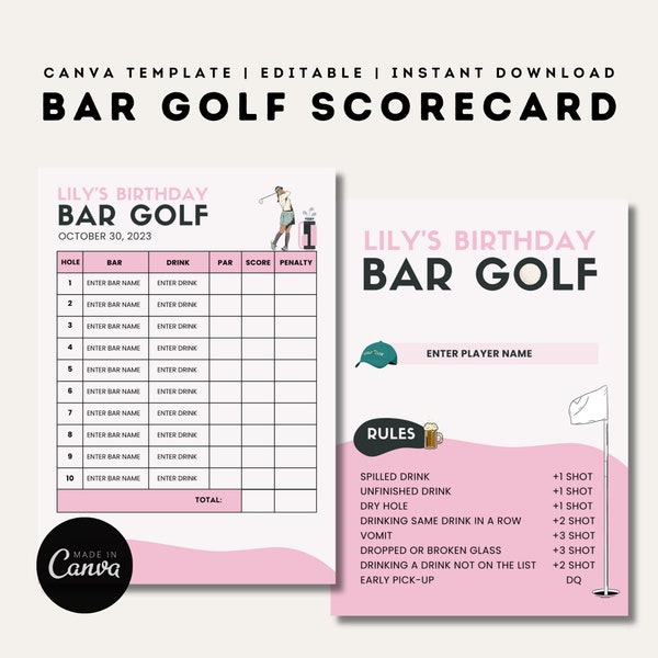 Bar Golf Crawl Scorecard / Modelli Canva modificabili / Bar Golf stampabile / Laurea / Giochi per feste di compleanno / Modello rosa personalizzabile