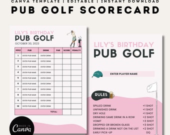Pub Golf Crawl Scorecard | Editable Canva Templates | Printable Pub Golf | Bachelor | Birthday Party Games | Customizable Pink Template