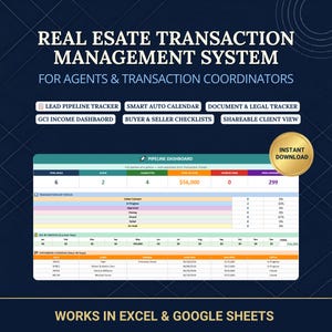 May include: A digital real estate transaction management system with a teal and white interface. The system includes features like lead pipeline tracking, auto calendar, and document tracking. The image also includes a gold "Instant Download" badge.