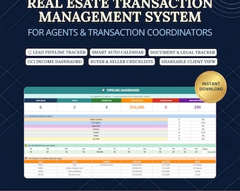 Real Estate Transaction Management System | TC Spreadsheet Excel & Google Sheets | Agent Pipeline Commission Coordinator Trackers