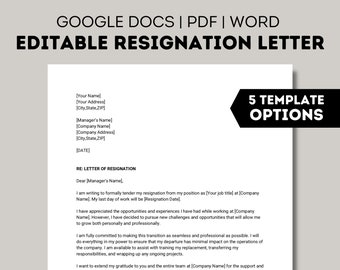 Professional Resignation Letter Template, Editable Two Week Notice Resignation Letter, Google Docs, Word, PDF, Simple Job Resignation Letter