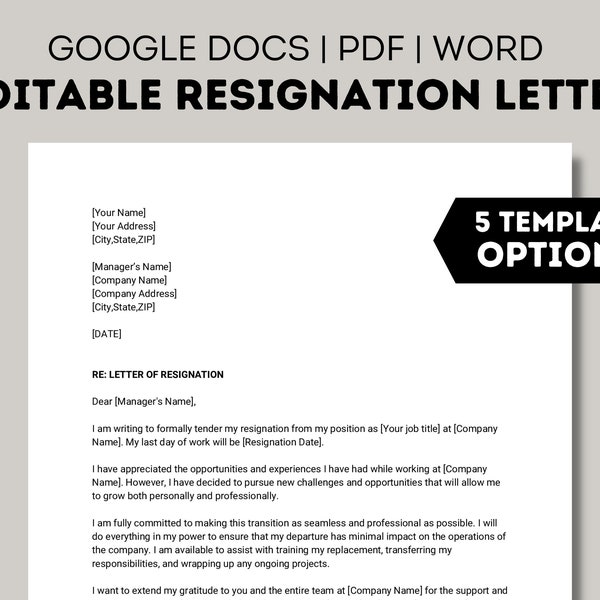 Professional Resignation Letter Template, Editable Two Week Notice Resignation Letter, Google Docs, Word, PDF, Simple Job Resignation Letter