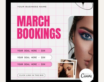 March Booking Flyer | DIY Editable Canva Template | MUA | Lashes | Hair Stylist | Nails | Wigs | Braids | March Books Open