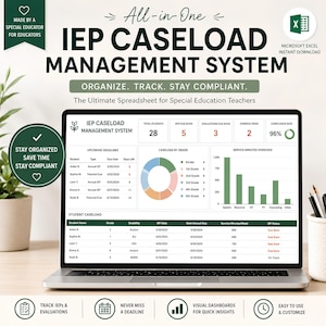Op de afbeelding: Een laptopscherm toont een spreadsheet van het IEP Caseload Management System. De spreadsheet is ontworpen voor leerkrachten in het speciaal onderwijs, met secties voor leerlinggegevens, aankomende deadlines en serviceminuten. De tekst op het scherm luidt: "Organiseer. Volg. Blijf compliant."