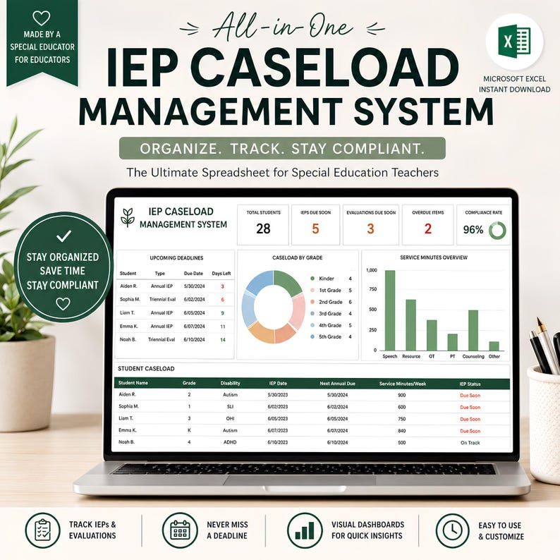 May include: A laptop screen displays an IEP Caseload Management System spreadsheet. The spreadsheet is designed for special education teachers, with sections for student data, upcoming deadlines, and service minutes. The text on the screen reads "Organize. Track. Stay Compliant."