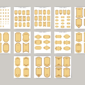 K&ouml;nnte beinhalten: Ein Satz druckbarer Etiketten im Vintage-Stil in verschiedenen Gr&ouml;&szlig;en von 2,5 cm bis 7,5 cm. Die Etiketten sind beige mit braunen Umrissen und dekorativen Verzierungen. Die Etiketten sind perfekt, um Ihren Bastelarbeiten, Geschenken und Ihrer Einrichtung einen Hauch von Vintage-Charme zu verleihen.