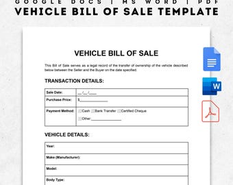 Simple Vehicle Bill of Sale Template | Printable Motor Car Bill of Sale | Editable Automobile Contract form | Google Doc | Word | PDF