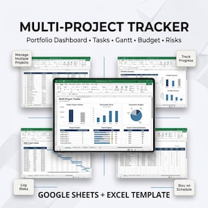 Puede incluir: Una plantilla digital de seguimiento multiproyecto para Google Sheets y Excel que presenta un panel central con gráficos de barras y circulares, rodeado de cuatro vistas más pequeñas que muestran listas de tareas, barras de progreso y diagramas de Gantt.