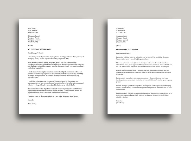 Professional Resignation Letter Template, Editable Two Week Notice Resignation Letter, Google Docs, Word, PDF, Simple Job Resignation Letter image 2