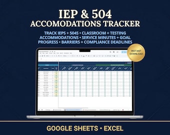 IEP 504 accommodatietracker-spreadsheet | Caseload speciaal onderwijs Excel Google | Serviceminuten Doelvoortgang Compliancedashboard
