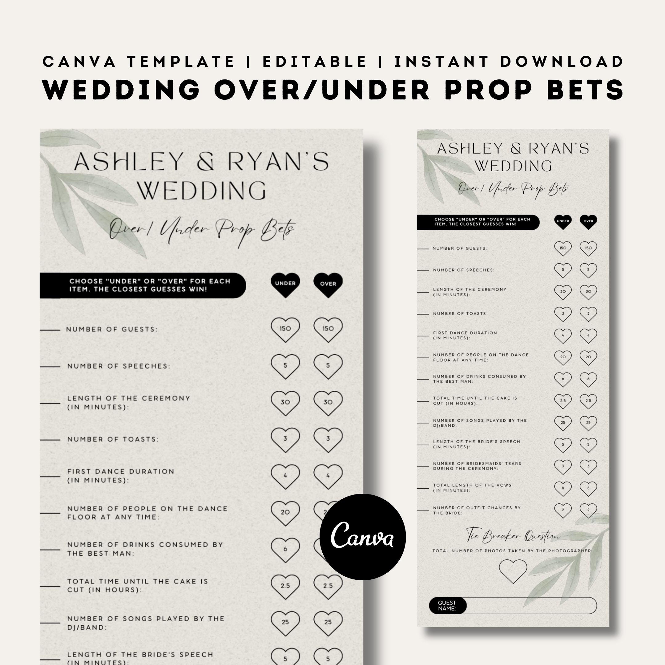 Wedding Over/Under Prop Bets | Editable Canva Template | Printable Fun Bridal Shower Game | Wedding Cocktail Hour Games for Guests | DIY