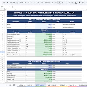 Puede incluir: Una hoja de c&aacute;lculo digital titulada Module 2 &mdash; Cross-Section Properties & Inertia Calculator. Muestra c&aacute;lculos de ingenier&iacute;a para secciones rectangulares y circulares huecas, incluyendo par&aacute;metros, s&iacute;mbolos, valores en mm y f&oacute;rmulas.
