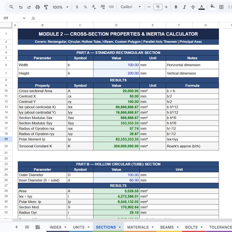 Puede incluir: Una hoja de c&aacute;lculo digital titulada Module 2 &mdash; Cross-Section Properties & Inertia Calculator. Muestra c&aacute;lculos de ingenier&iacute;a para secciones rectangulares y circulares huecas, incluyendo par&aacute;metros, s&iacute;mbolos, valores en mm y f&oacute;rmulas.