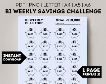 Bi Weekly Savings Challenge Tracker, 10000 Saving Challenge Printable PDF, A6, A4, A5, Letter, 26 Week Savings Chart, 10K Envelope Challenge