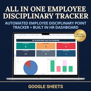 May include: A laptop screen displaying an All In One Employee Disciplinary Tracker with an HR Disciplinary Analytics Dashboard. The interface features colorful data charts, a pie chart, and a gold Instant Download badge on a dark blue background.