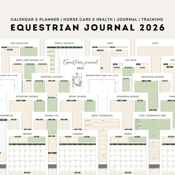 Equine Planner, Printable Equestrian Journal, Horse Health Barn Manager, Equines Feed Chart, Equestrians Training Template, Ride Binder 2026