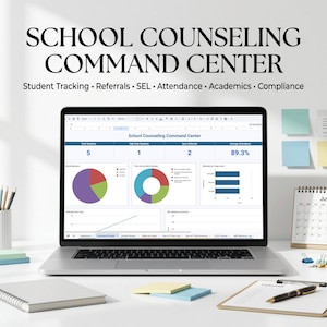Könnte beinhalten: Ein Laptop zeigt eine School Counseling Command Center Tabelle mit Datendiagrammen, Grafiken und Metriken. Der Bildschirm zeigt Kategorien für Schülerverfolgung, Überweisungen, SEL, Anwesenheit, akademische Leistungen und Compliance im Dashboard-Format.